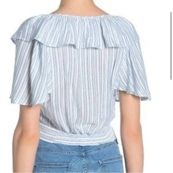 Free People The Rosemary Top Tie Waist Blouse Flutter Ruffle Blue Stripe Sz L - Picture 4 of 12